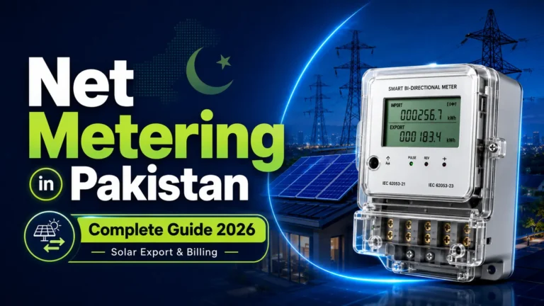 Net metering in Pakistan 2026 guide showing solar panels, electricity meter, and grid connection
