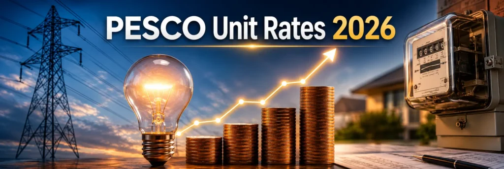 PESCO Tariff rates 2026 – Domestic, Commercial & Unit Rates Explained 1 Power meter and electricity transmission tower showing updated electricity unit rates for PESCO consumers.